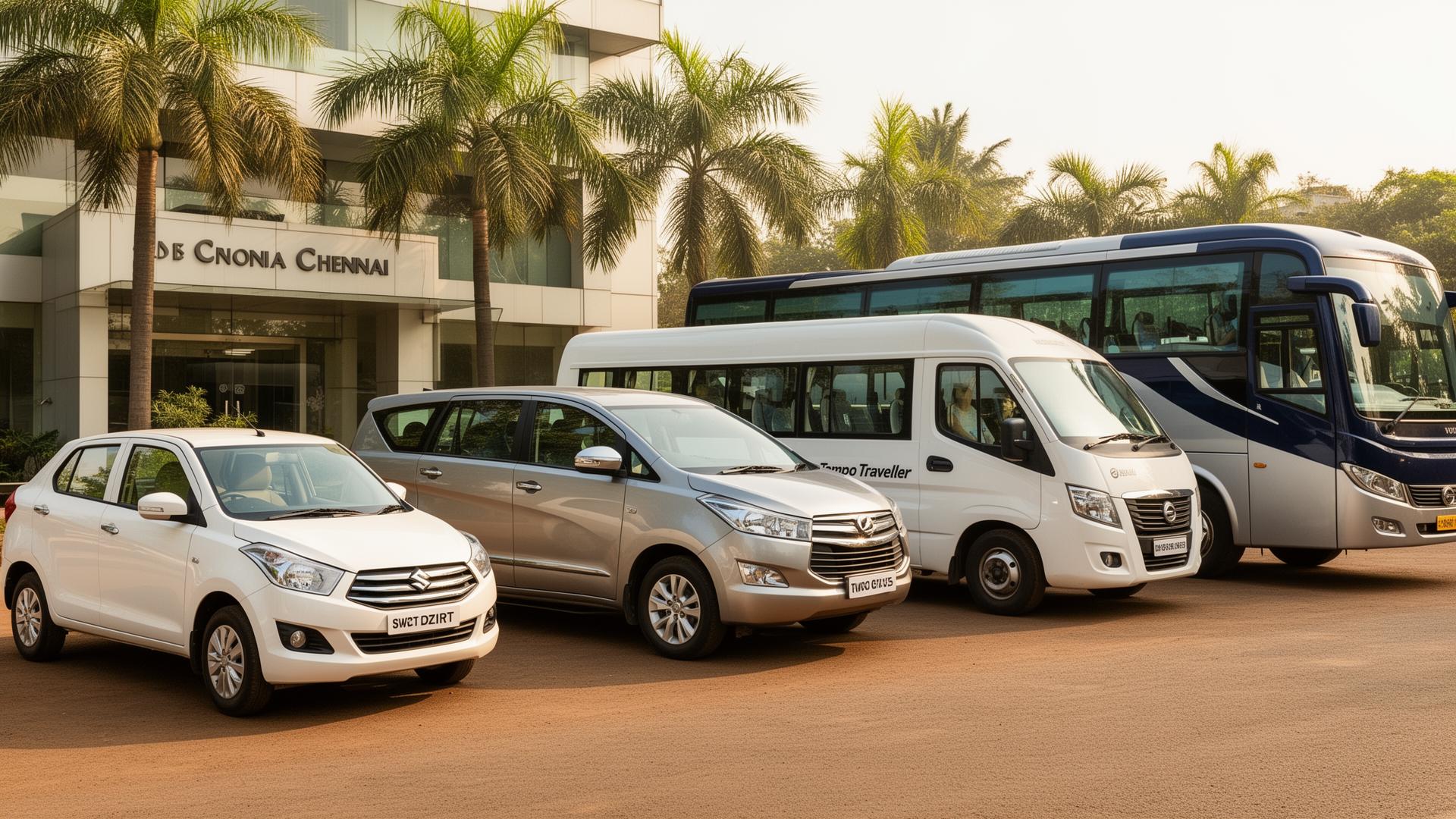 Car rental in Chennai — Raghavarshini Tours & Travels fleet of sedans, Innova Crysta, Tempo Traveller and Volvo bus